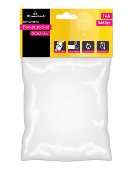 POWERTECH πολύπριζο PT-885, 3x schuko, 16A, χωρίς καλώδιο, λευκό