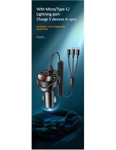 USAMS φορτιστής αυτοκινήτου C22 με καλώδιο 3 σε 1 & οθόνη, 3.4A, μαύρος