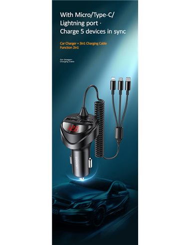 USAMS φορτιστής αυτοκινήτου C22 με καλώδιο 3 σε 1 & οθόνη, 3.4A, μαύρος