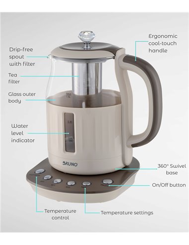 BRUNO ηλεκτρικός βραστήρας BRN-0053, με φίλτρο για τσάι, 2200w, 1.5t