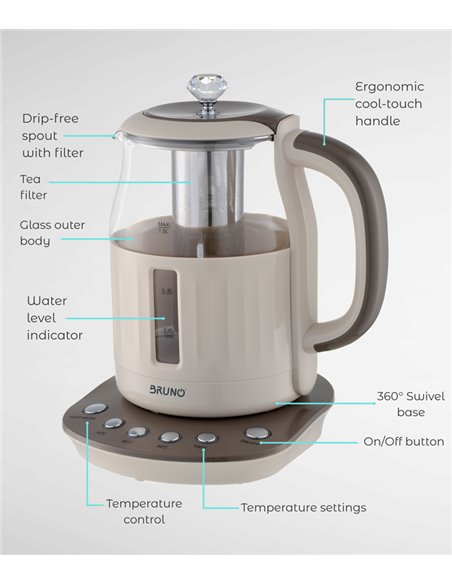 BRUNO ηλεκτρικός βραστήρας BRN-0053, με φίλτρο για τσάι, 2200w, 1.5t