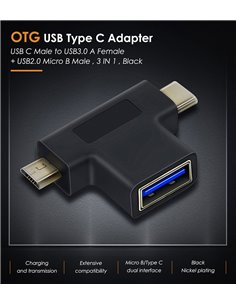 CABLETIME αντάπτορας USB σε USB-C & micro USB CT-3IN1-AB, 5Gbps, μαύρος
