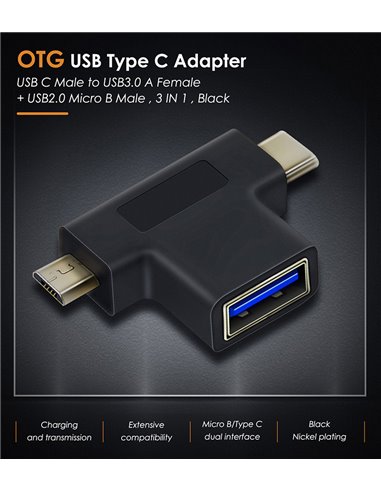 CABLETIME αντάπτορας USB σε USB-C & micro USB CT-3IN1-AB, 5Gbps, μαύρος