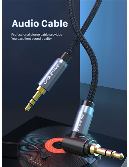 CABLETIME καλώδιο ήχου 3.5mm CT-P11RGN, γωνιακό, AUX, 1.8m, μαύρο