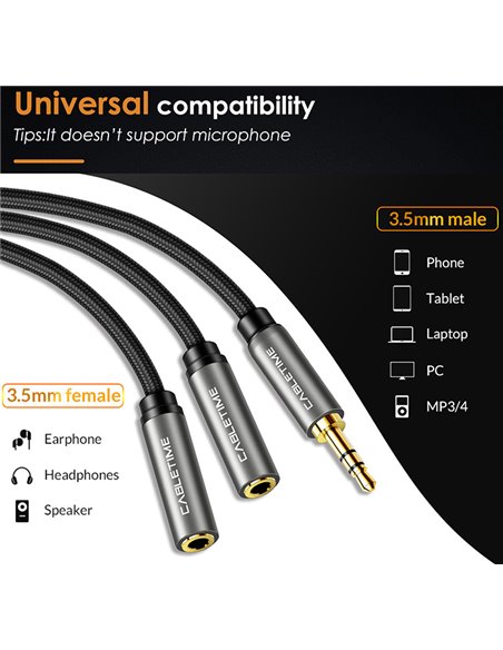 CABLETIME καλώδιο ήχου 3.5mm σε 2x 3.5mm CT-P12G, 3-pole, 20cm, μαύρο