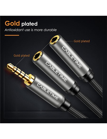 CABLETIME καλώδιο ήχου 3.5mm σε 2x 3.5mm CT-P12G4P, 4-pole, 20cm, μαύρο