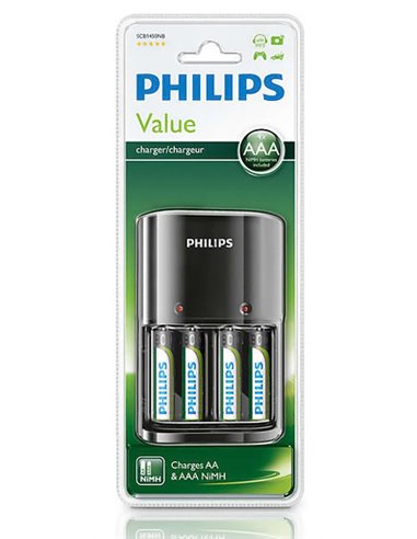 PHILIPS φορτιστής μπαταριών AA & AΑΑ NiMH SCB1450NB με 4x AAA, μαύρος
