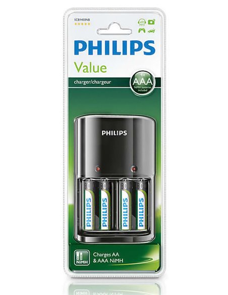 PHILIPS φορτιστής μπαταριών AA & AΑΑ NiMH SCB1450NB με 4x AAA, μαύρος