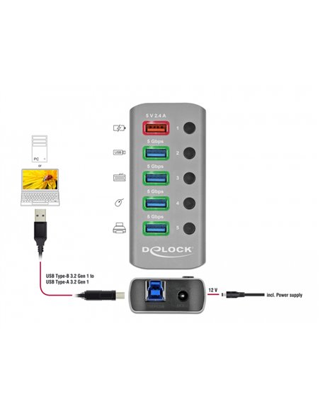 DELOCK USB hub 63262 με διακόπτες, 5x θυρών, 5Gbps, 2.4A, γκρι