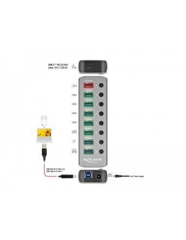 DELOCK USB hub 63264 με διακόπτες, 9x θυρών, 5Gbps, 12V/2.25A PD, γκρι