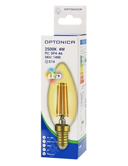 OPTONICA LED λάμπα Candle C35 Filament 1490, 4W, 2500K, E14, 400lm
