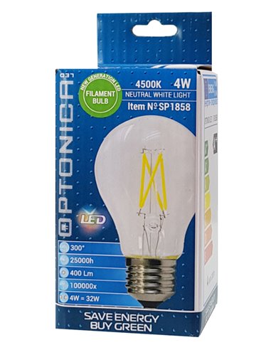 OPTONICA LED λάμπα A60 Filament 1858, 4W, 4500K, E27, 400lm
