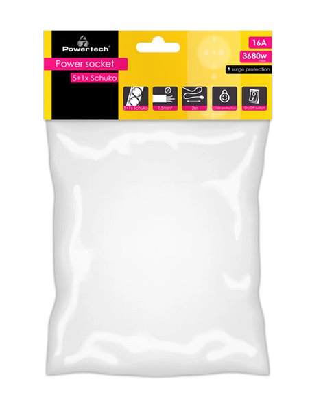 POWERTECH πολύπριζο ασφαλείας PT-994, 5+1 θέσεων schuko, 16A, 2m, μαύρο