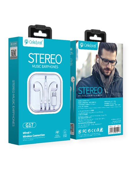 CELEBRAT earphones με μικρόφωνο G17, Lightning, Φ14mm, 1.2m, λευκά
