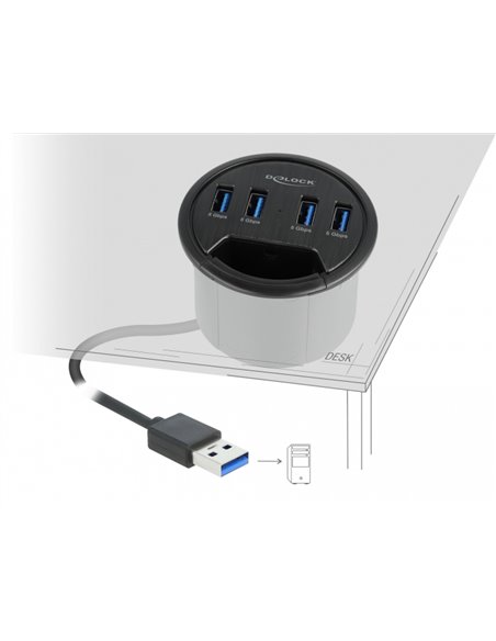 DELOCK USB hub 64153, 4x θυρών, 5Gbps, Φ60mm, USB σύνδεση, μαύρο