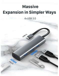 CABLETIME USB hub CT-HUBP4, 4x θυρών, 5Gbps, USB-C σύνδεση, γκρι
