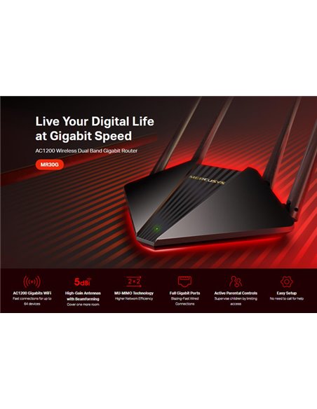 MERCUSYS wireless Gigabit router MR30G, Wi-Fi 1200Mbps AC1200, Ver. 1.0