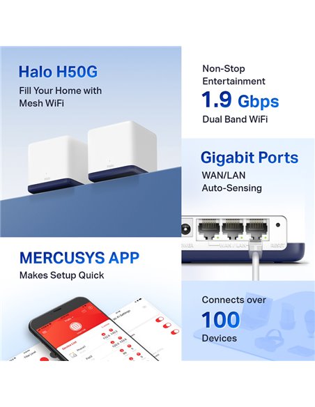 MERCUSYS Mesh Wi-Fi System Halo H50G, 1.9Gbps Dual Band, 3τμχ, Ver. 1.0