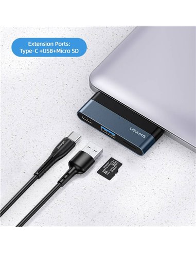 USAMS USB hub US-SJ491 με card reader, 2x θυρών, 5Gbps, 60W, USB-C, γκρι