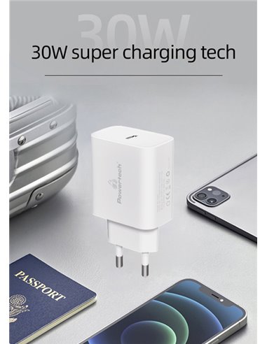 POWERTECH φορτιστής τοίχου PT-1043, USB-C, PD QC3.0, GaN, 30W, λευκός