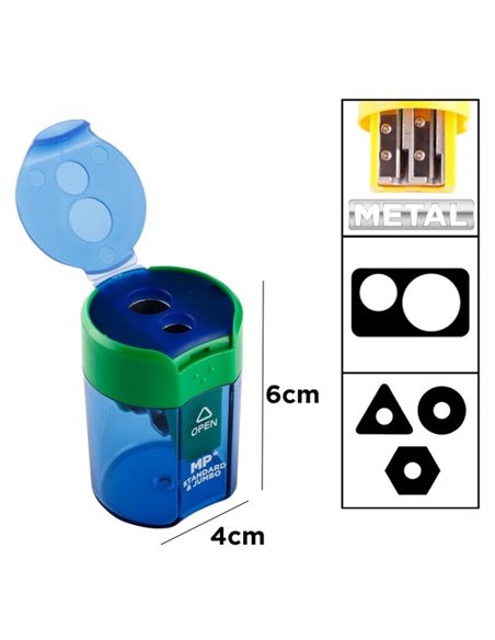 MP ξύστρα μολυβιών με κάδο PA834, 4x6cm, μπλε ή πράσινο, 1τμχ