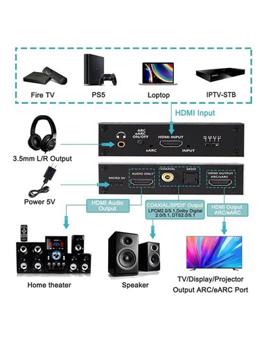 HDMI audio extractor CAB-H151, 7.1 Audio, 4K/60Hz, eARC, μαύρο