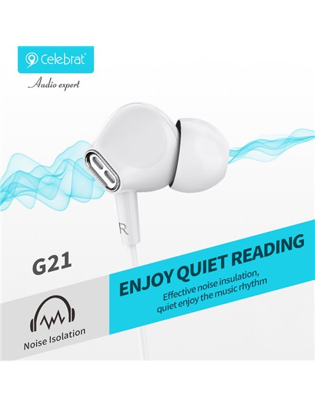 CELEBRAT earphones με μικρόφωνο G21, 3.5mm σύνδεση, Φ12mm, 1.2m, λευκά