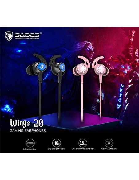 SADES gaming earphones Wings 20 με μικρόφωνο, 3.5mm, Φ12mm, 1.2m, ροζ