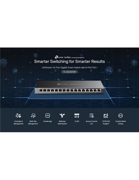 TP-LINK JetStream switch TL-SG2016P, 16-Port Gigabit, 8x PoE+, Ver. 1.0
