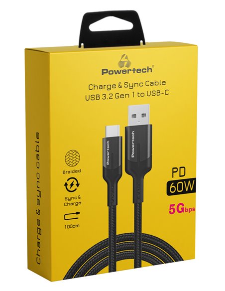POWERTECH καλώδιο USB σε USB-C PTR-0134 PD 60W, 5Gbps, copper, 1m, μαύρο