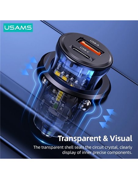USAMS φορτιστής αυτοκινήτου US-CC164, USB & USB-C, 30W, μαύρος