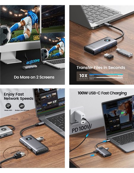 ORICO docking station PW11-6PR, 6 θυρών, USB-C σύνδεση, 100W PD 4K, γκρι