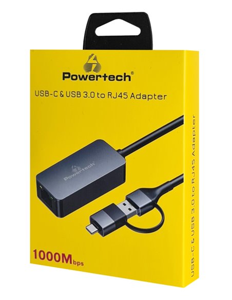 POWERTECH αντάπτορας δικτύου PTR-0149, USB & USB-C, 1000 Mbps, γκρι