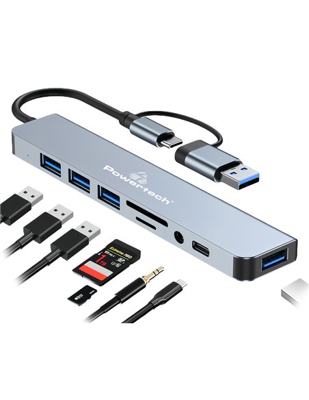 POWERTECH USB hub PTR-0151 με card reader, 8 θυρών, USB & USB-C, γκρι