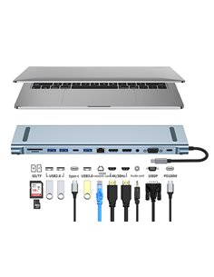 POWERTECH docking station BYL-2003U2, 12 θυρών, βάση laptop, USB-C, γκρι