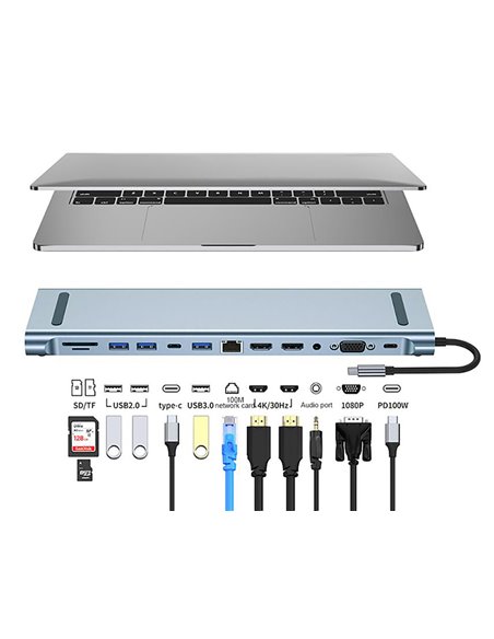 POWERTECH docking station BYL-2003U2, 12 θυρών, βάση laptop, USB-C, γκρι