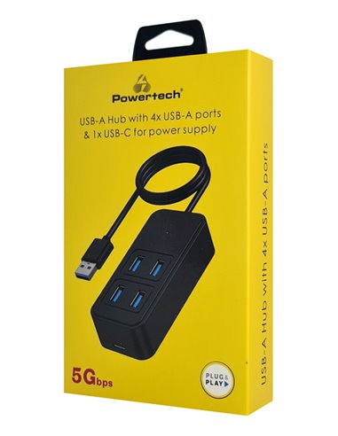 POWERTECH USB 3.2 hub PTR-0157, 4x θυρών, 5Gbps, USB σύνδεση, 1m, μαύρο