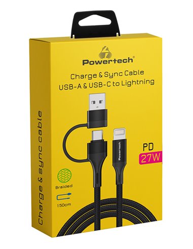 POWERTECH καλώδιο USB & USB-C σε Lightning PTR-0159, PD 27W, copper, 1.5m, μαύρο