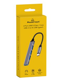 POWERTECH USB hub PT-1113, 4x θυρών, 5Gbps, USB-C σύνδεση, γκρι