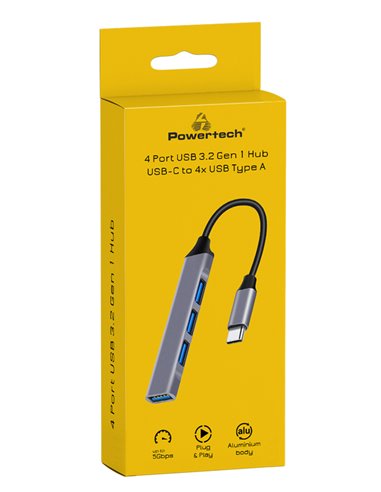 POWERTECH USB hub PT-1113, 4x θυρών, 5Gbps, USB-C σύνδεση, γκρι
