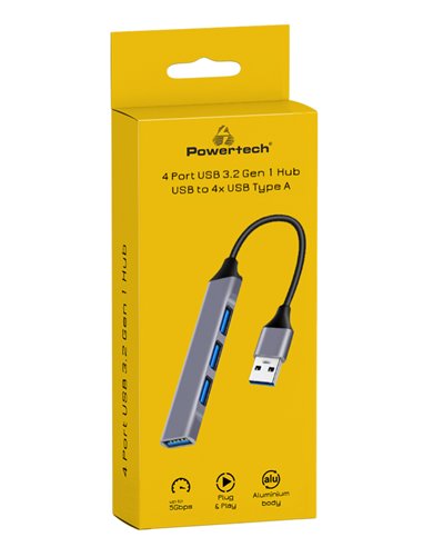 POWERTECH USB hub PT-1114, 4x θυρών, 5Gbps, USB σύνδεση, γκρι