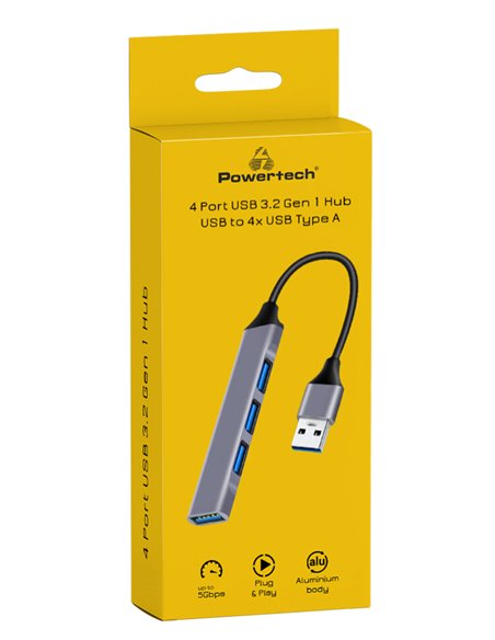 POWERTECH USB hub PT-1114, 4x θυρών, 5Gbps, USB σύνδεση, γκρι