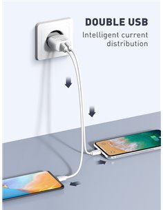 LDNIO φορτιστής τοίχου A2218 με καλώδιο USB-C, 2x USB, 12W, λευκός