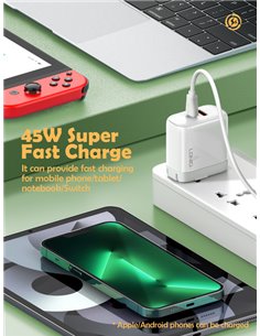 LDNIO φορτιστής τοίχου A2526C με καλώδιο, USB & USB-C, 45W PD, λευκός