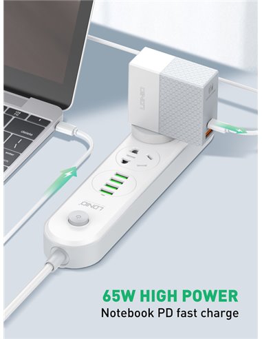 LDNIO φορτιστής τοίχου A2620C με καλώδιο, USB & USB-C, 65W PD, λευκός