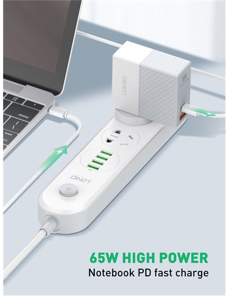 LDNIO φορτιστής τοίχου A2620C με καλώδιο, USB & USB-C, 65W PD, λευκός