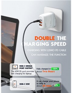 LDNIO φορτιστής τοίχου A3511Q με καλώδιο, USB-C/2x USB, 65W, GaN, λευκός