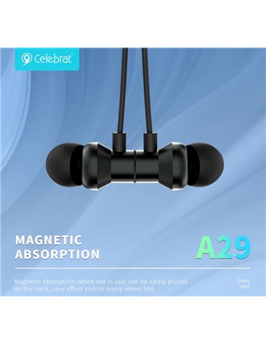 CELEBRAT earphones A29 με μαγνήτη, Bluetooth, 10mm, 80mAh, μαύρα