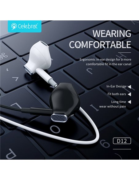 CELEBRAT earphones με μικρόφωνο D12, USB-C σύνδεση, Φ14.2mm, 1.2m, λευκά