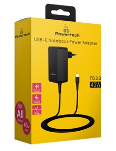 POWERTECH φορτιστής laptop PT-1155, USB-C PD, universal, 45W, μαύρος